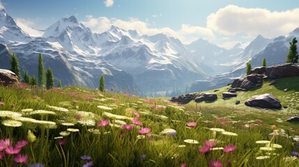 A majestic view of an alpine meadow during springtime, with wildflowers in full bloom and snow-capped mountains in the background.