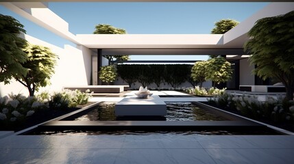 A modern, minimalist garden design with clean lines, featuring sculptural plants, sleek water features, and a monochromatic color scheme.