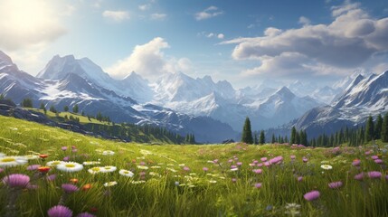 A majestic view of an alpine meadow during springtime, with wildflowers in full bloom and snow-capped mountains in the background. - obrazy, fototapety, plakaty