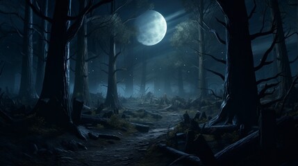 A moonlit forest landscape, the moon's silver light creating a serene, mystical atmosphere, with the shadows of trees stretching across the ground.
