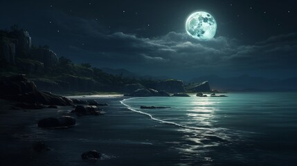 A moonlit ocean scene, where the full moon casts a silvery path across the water's surface, creating a tranquil and mystical atmosphere.