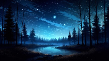 A nighttime forest scene under a star-filled sky, the outlines of trees silhouetted against the starry backdrop, offering a sense of peace and solitude.