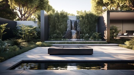 A modern, minimalist garden design with clean lines, featuring sculptural plants, sleek water features, and a monochromatic color scheme.