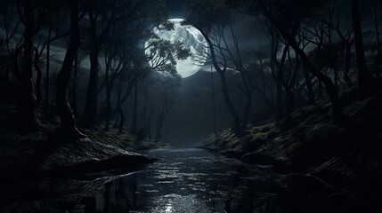A moonlit forest landscape, the moon's silver light creating a serene, mystical atmosphere, with the shadows of trees stretching across the ground.