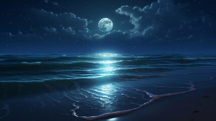 A moonlit ocean scene, where the full moon casts a silvery path across the water's surface, creating a tranquil and mystical atmosphere.