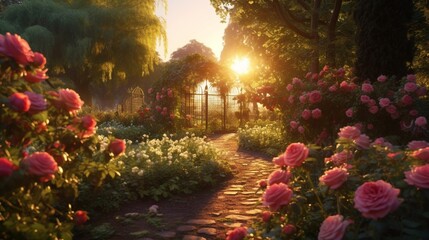 A romantic rose garden at sunset, the warm light enhancing the rich colors of the roses and casting long shadows on the garden paths.