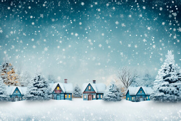 Christmas landscape at night with houses and snowy trees