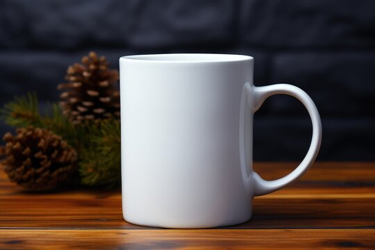 Mock up of white blank mug on a table with christmas bokeh and cones on background