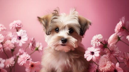 beautiful cute dog on a pink background with flowers