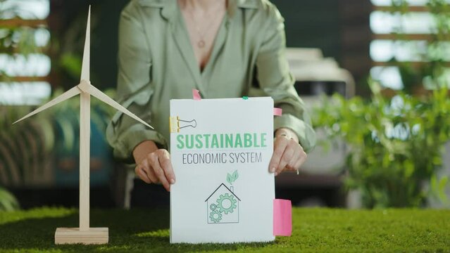 Time to go eco. Closeup on small business owner woman in green office with windmill showing eco business plan.
