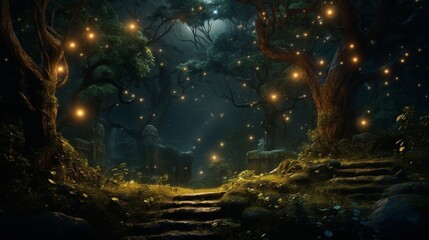 An enchanting night scene in a forest, with fireflies illuminating the darkness, their lights creating a magical, ethereal glow among the trees.