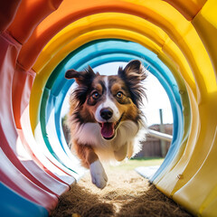 Dog in a dog agility tunnel. - obrazy, fototapety, plakaty