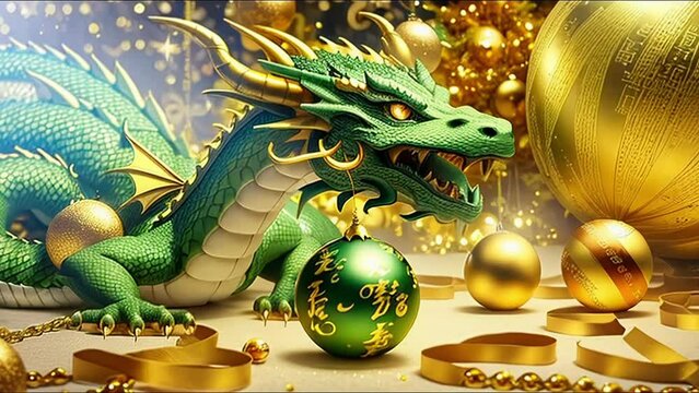 Holiday New Year footage with symbol of traditional Asian dragon with treasures and gold new year balls on blurred background. 2024 Chinese New Year zodiac sign of dragon