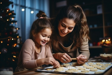 mother and child decorating christmas cookies,ai generated