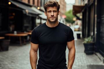 Male model in a classic black cotton T-shirt,ai generated - obrazy, fototapety, plakaty