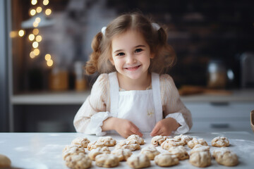 Happy funny little girl bake christmas cookies on cozy kitchen at home,ai generated