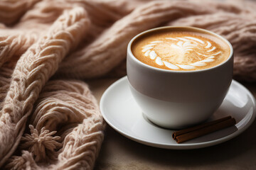 Cup of coffee next to a warm blanket on the wooden table,ai generated