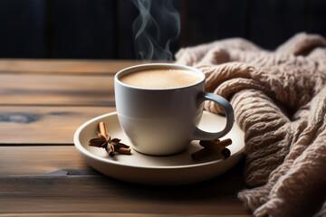 Cup of coffee next to a warm blanket on the wooden table,ai generated