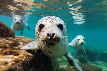 Fototapeta premium Seals under water,ai generated