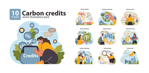 Carbon credits set. Professionals managing CO2 emissions. Emission reduction, carbon market, and Kyoto protocol. Engaging in eco-friendly practices. Flat vector illustration. - obrazy, fototapety, plakaty