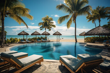 Fototapeta na wymiar Luxurious swimming pool,loungers and umbrellas near ocean,ai generated