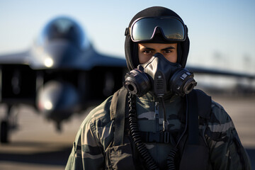 Fighter pilot portrait that is at airfield wearing mask,ai generated