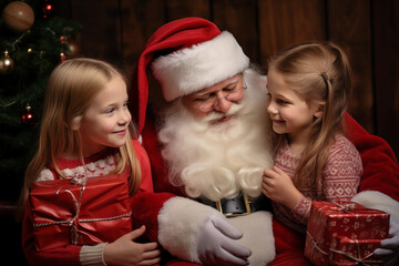Fototapeta na wymiar Deux jeunes filles avec le père Noël et des cadeaux.