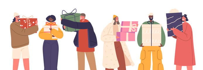 Happy People in Warm Winter Wear and Hats Hugging Gift Boxes for Christmas Celebration, Cartoon Vector Illustration