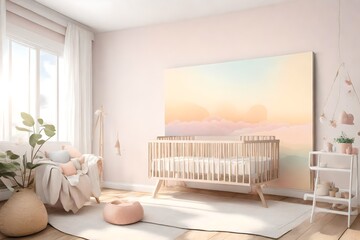 interior of a room with a sofa,Canvas mockup for baby bedroom showcasing a gentle morning sunrise illuminating a crib with soft pastel colors all around
