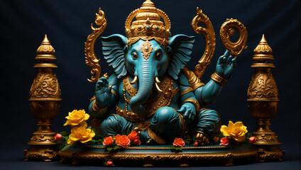 A statue of Ganesha in gold and turquoise and dark background.