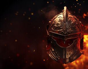 Epic Battle Blaze - Helmet in a Storm of Fire - Copy space for text - black background
