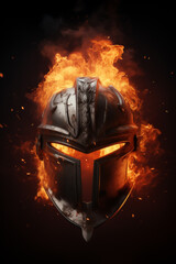 Smoldering Defender - Helmet Surrounded by Embers and Flames - Engulfed in fire - black background - obrazy, fototapety, plakaty