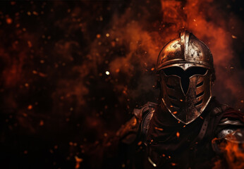 Inferno Guardian - Burning Helmet Amidst Smoke - Copy text space - Fantasy flaming medieval knight - obrazy, fototapety, plakaty