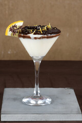 sweet dessert condensed milk with chocolate and fruits ganache pudding