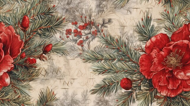  a painting of red flowers and pine needles on a white background with red berries and pine needles on the branches.
