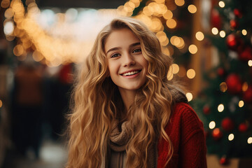 Happy woman on the background of the Christmas room. Happy New Year and Merry Christmas!