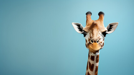 Banner with giraffe on isolated blue background. Copy space. Generative AI - obrazy, fototapety, plakaty