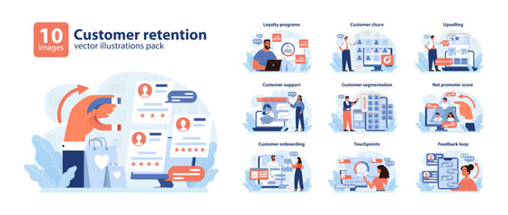 Customer retention set. Comprehensive tactics from loyalty programs to feedback loops. Upselling strategies, NPS analysis, and segmented support. Enhancing brand loyalty. Flat vector illustration.