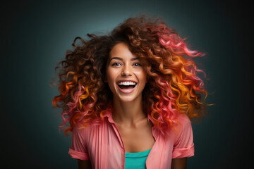 Radiant young woman with vibrant multicolored curly hair laughing joyfully against a dark background.
