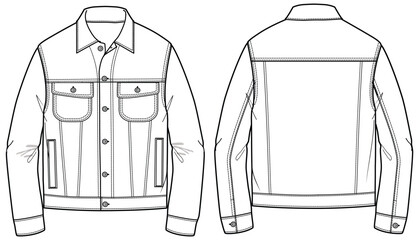 Classic trucker jacket design flat sketch Illustration front and back view vector template, Denim Jacket drawing mock up template for men and women - obrazy, fototapety, plakaty