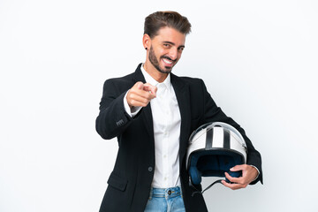 Naklejka premium Business caucasian man isolated on white background pointing front with happy expression