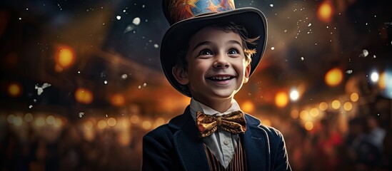 The child a gleeful smile on their face watched in awe as the talented kid at the circus performed with sparkling eyes a bow tie a magicians hat and a magical cylinder spreading happiness an