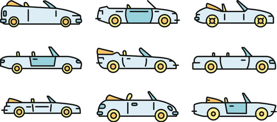 Modern cabriolet icons set. Outline set of modern cabriolet vector icons thin line color flat on white - obrazy, fototapety, plakaty