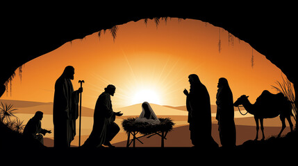 Jesus Birth Holy Family and the three wise man worshiping worship the baby Jesus. Christmas silhouette illustration.