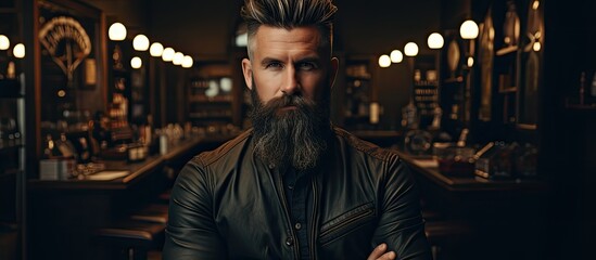 The modern hipster person visited the fashion forward shop for a new hairstyle and beard grooming service from the skilled hairdresser and barber creating a stunning portrait of beauty - obrazy, fototapety, plakaty