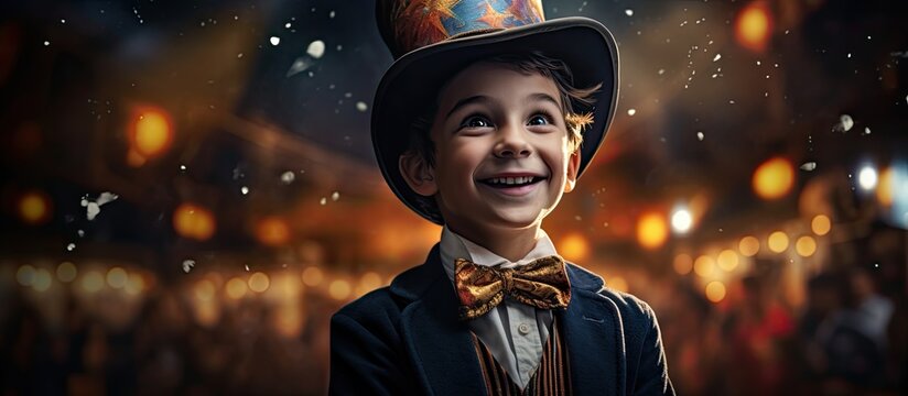 The child a gleeful smile on their face watched in awe as the talented kid at the circus performed with sparkling eyes a bow tie a magicians hat and a magical cylinder spreading happiness an