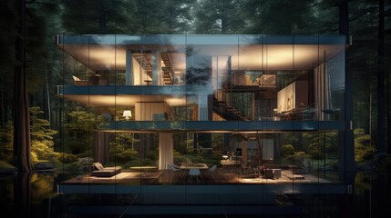  a house in the middle of a forest with a lot of windows on the side of the house and stairs leading up to the second floor.