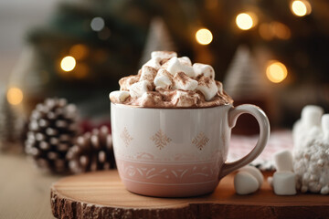 Obraz na płótnie Canvas cup of hot winter cocoa drink with marshmallows with bokeh and Christmas tree on the background