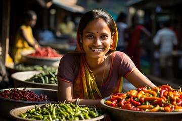 A smiling Indian woman vendor at a local market surrounded by fresh, colorful vegetables and chillies. - obrazy, fototapety, plakaty
