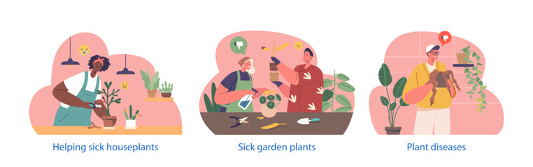 Isolated Elements With Characters Carefully Nurse Wilted Plants, Gently Watering And Providing Sunlight, Vector